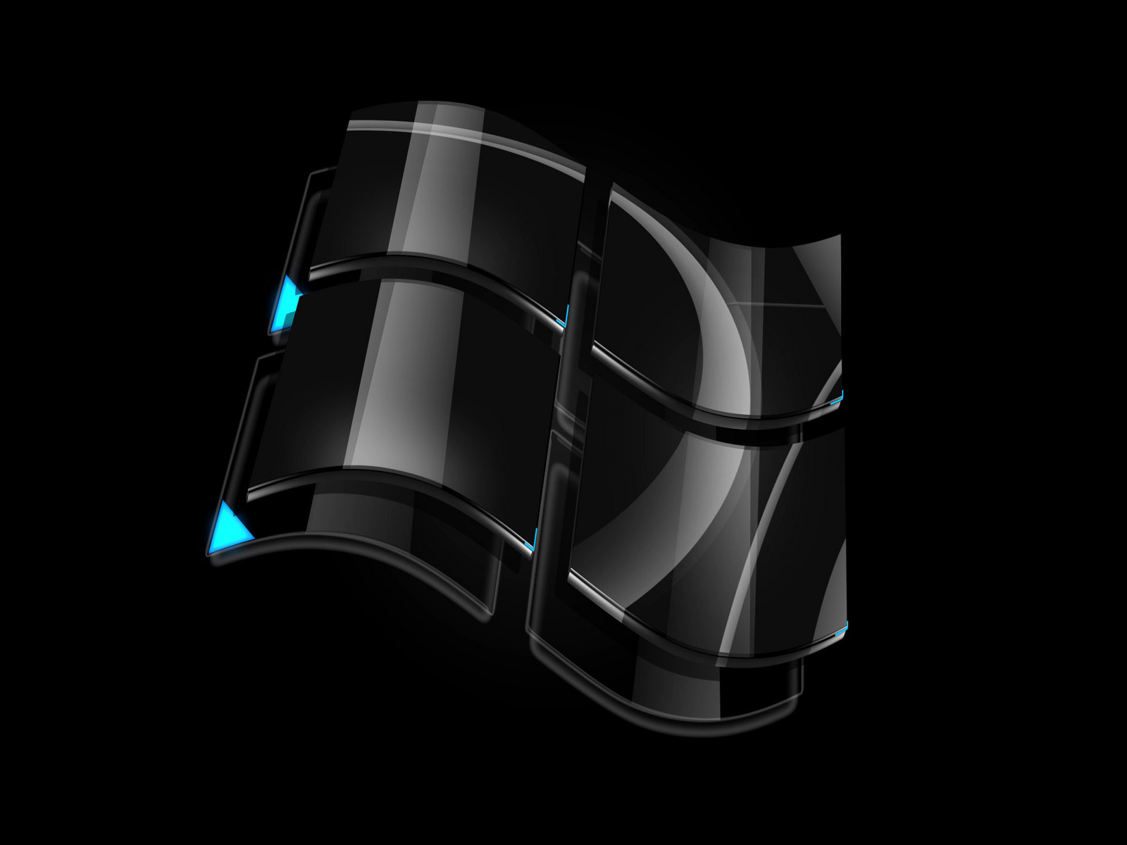 Abstract Windows logo wallpaper with a sleek, dark glass design and glowing blue accents
