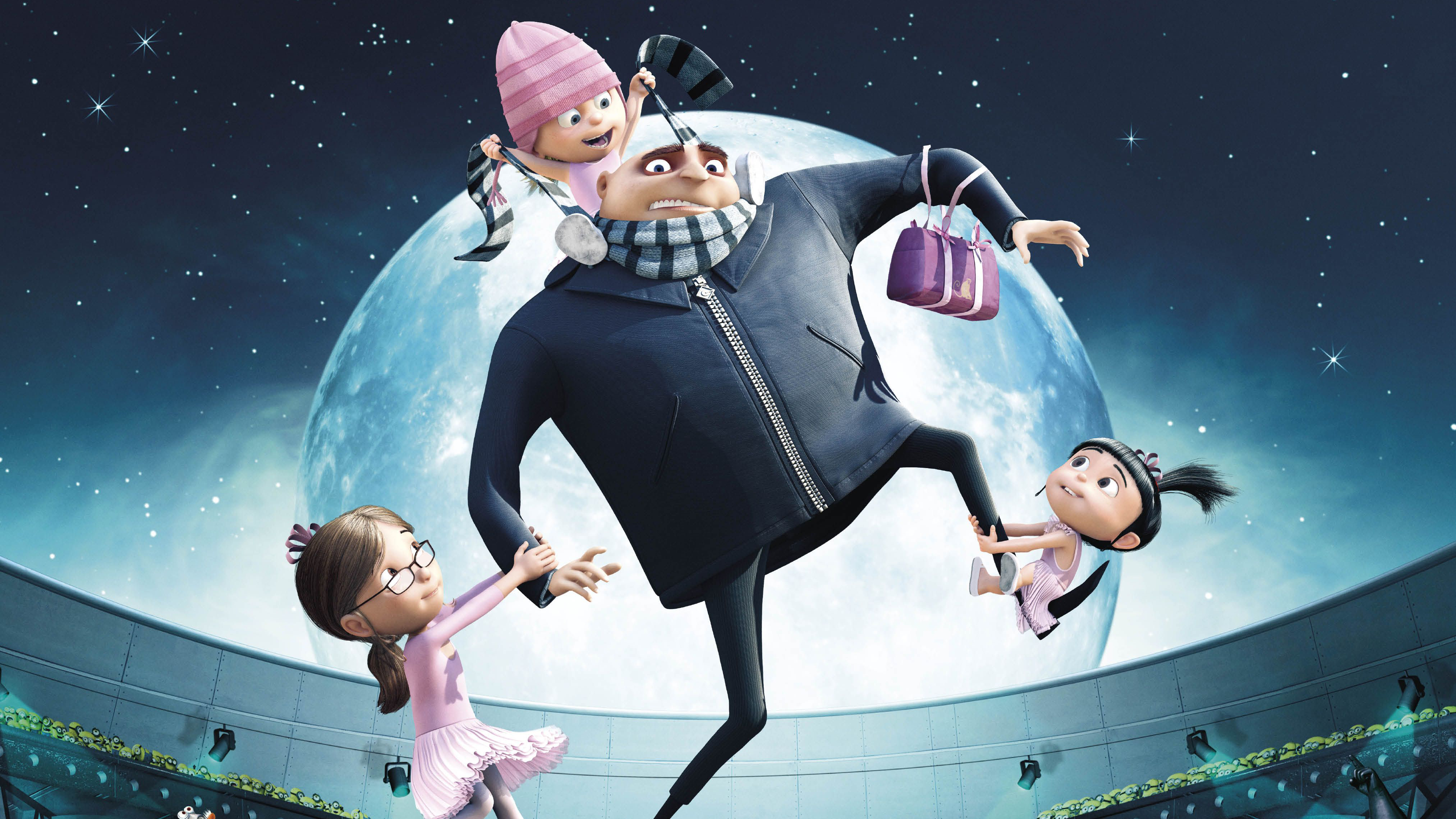 Gru and the girls from Despicable Me against a moonlit backdrop