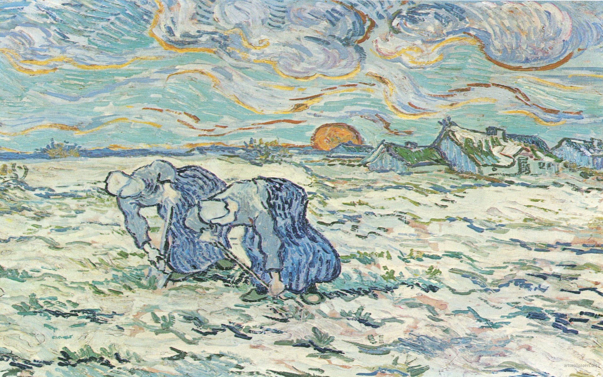 Vincent Van Gogh Two Grave End Farmers On Snowy Field