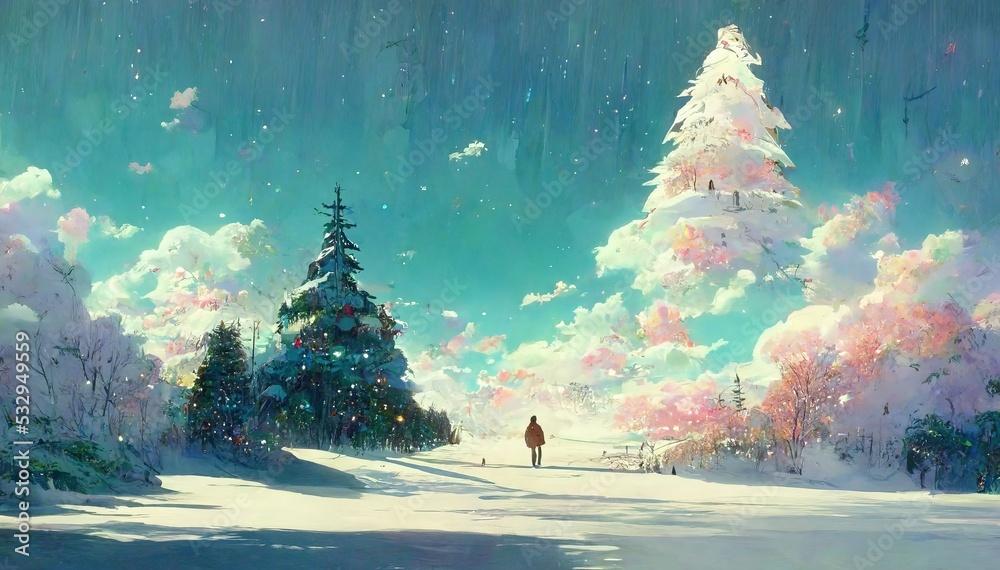 Christmas Tree With Snow And Trees Concept Art Scenery Digital