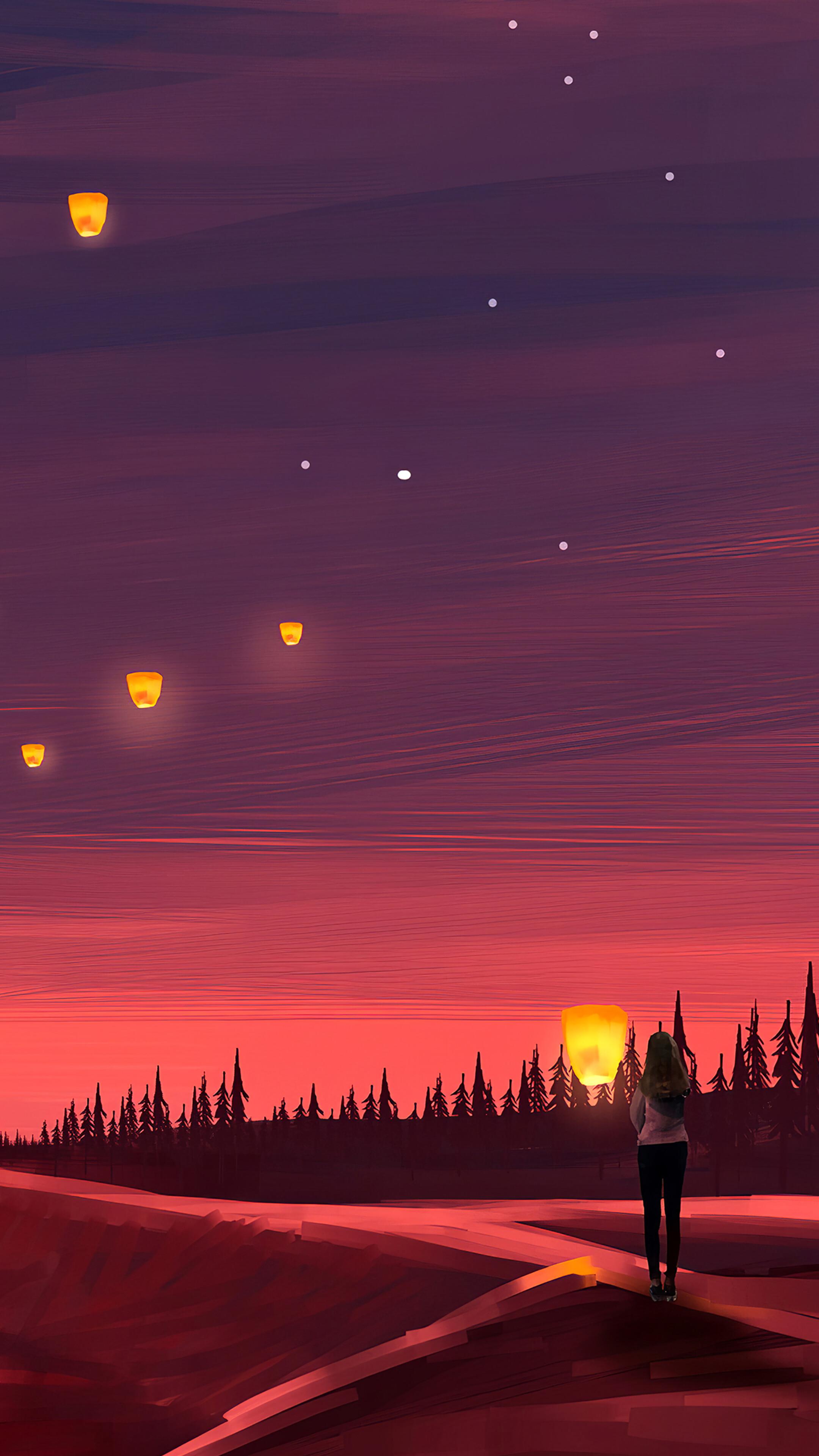 Sky Lantern Scenery Illustration Digital Art 4k Wallpaper