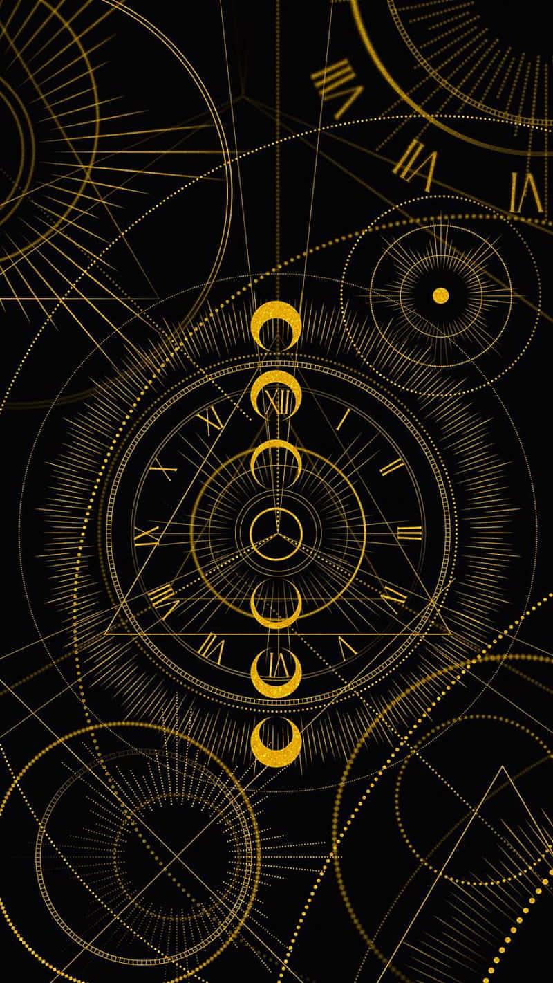 A Clock With Gold Lines On Black Background Wallpaper