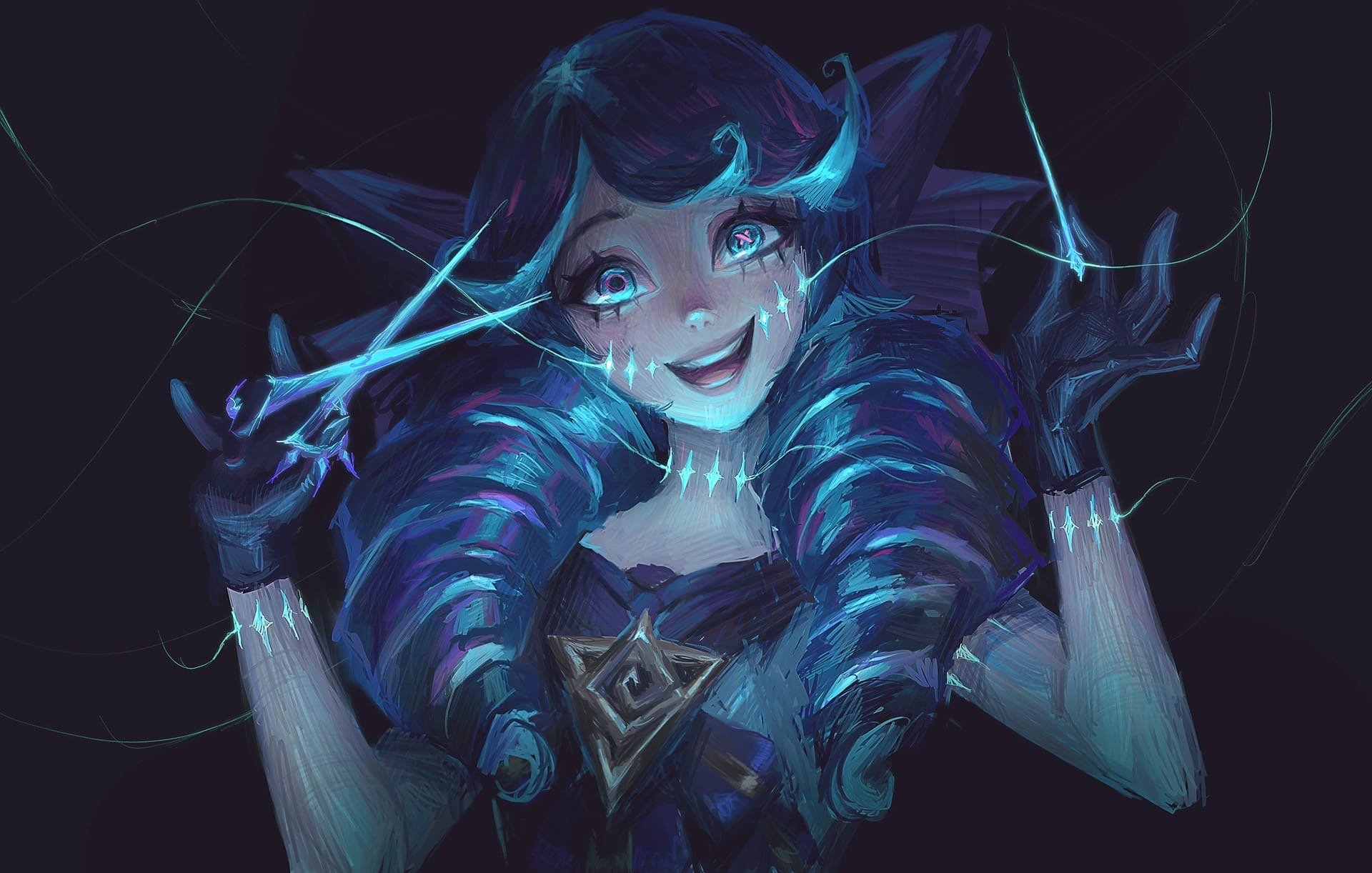 Fan art of a dark-haired, blue-skinned character with glowing eyes and a mischievous grin, holding glowing scissors and thread, against a dark background