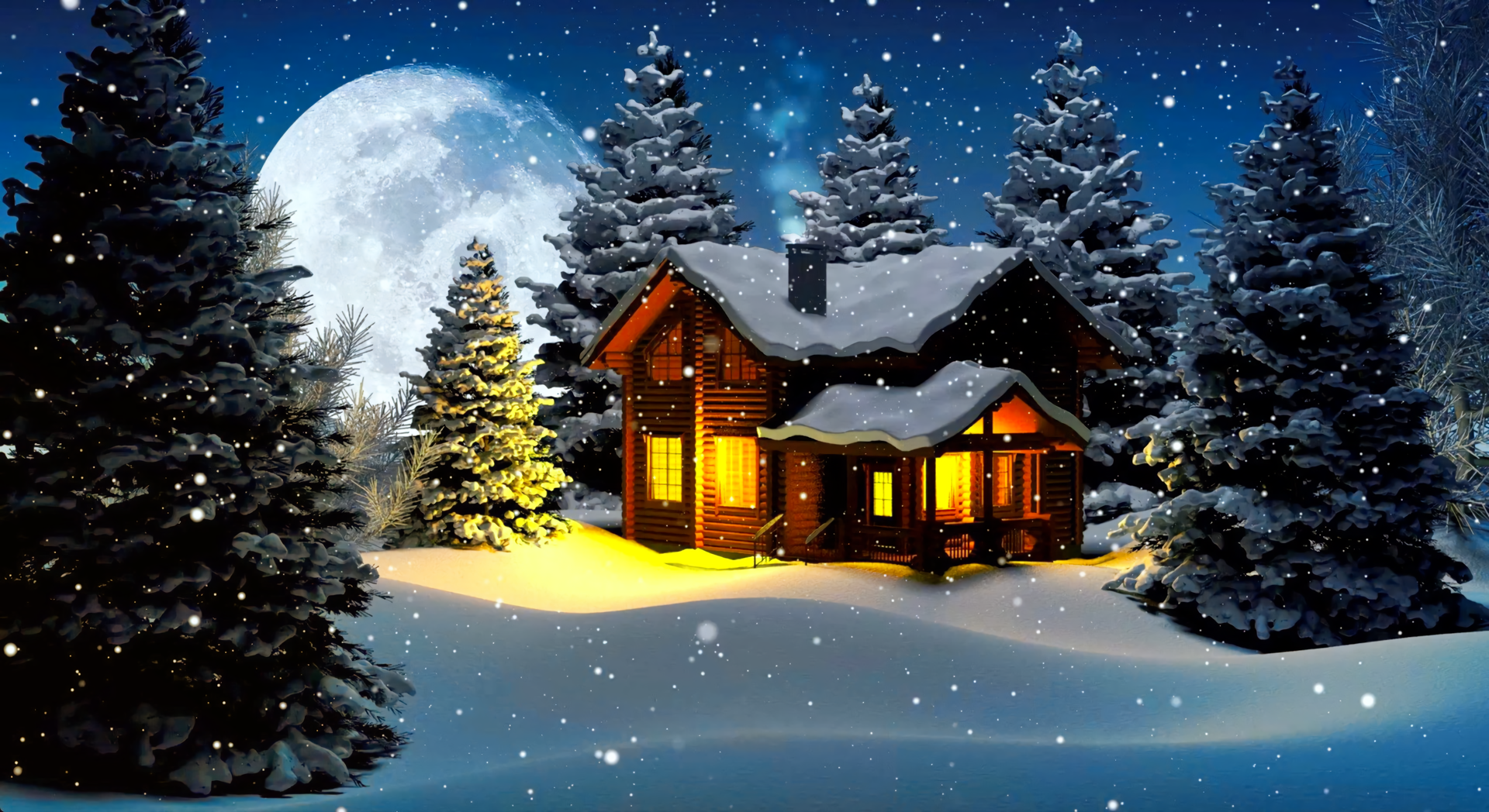 A cozy wooden cabin glows warmly amidst a snowy Christmas Eve landscape, under a bright full moon and gently falling snowflakes. Festive pine trees dusted with snow complete the enchanting winter scene