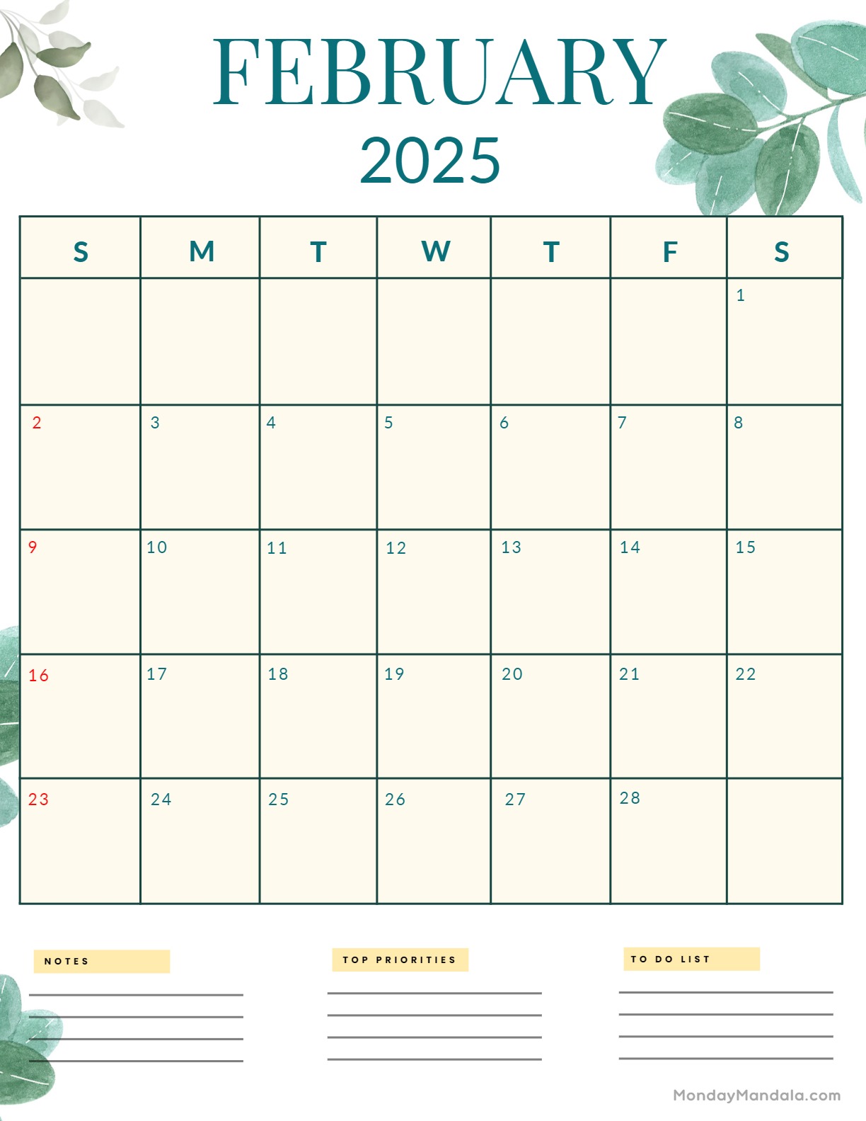 February 2025 calendar with notes and to-do list sections, decorated with watercolor eucalyptus leaves