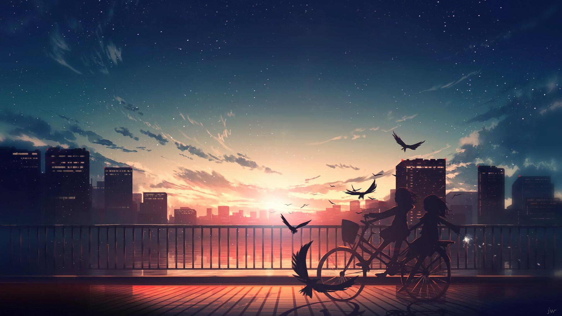 Sunrise Scenery Anime City Silhouette Wallpaper 4k