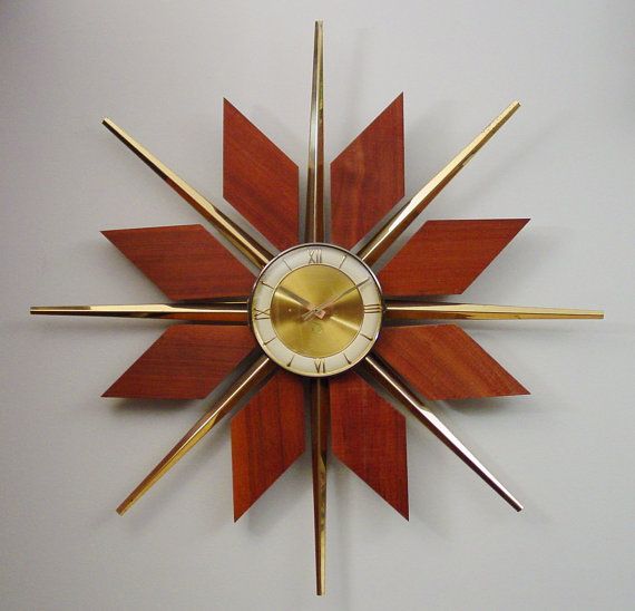 Mid Century Modern Starburst Wall Clock Teak Brass Sunburst 50s 60s