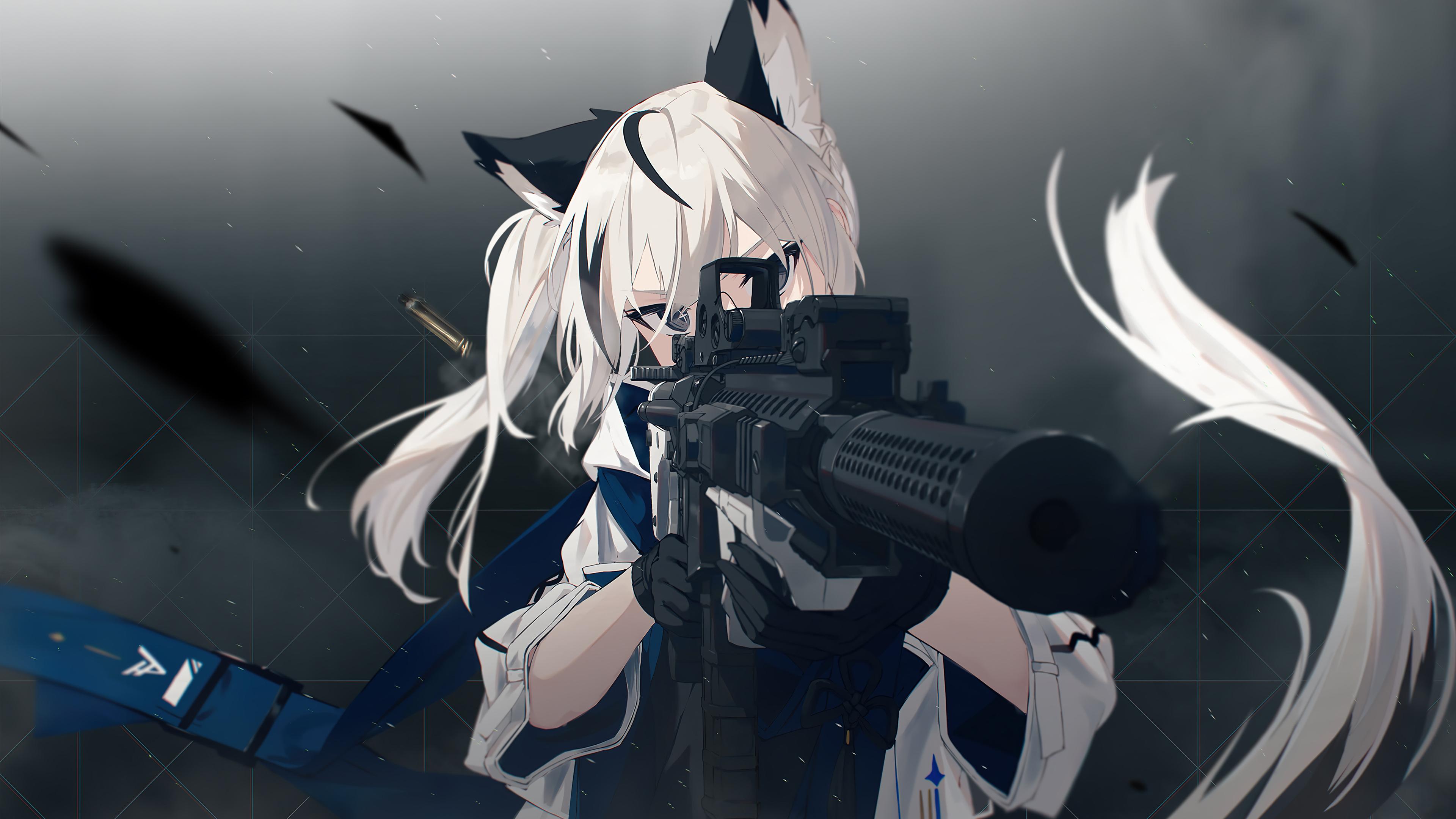 Anime Girl Rifle Gun Point Wallpaper 4K 7750g