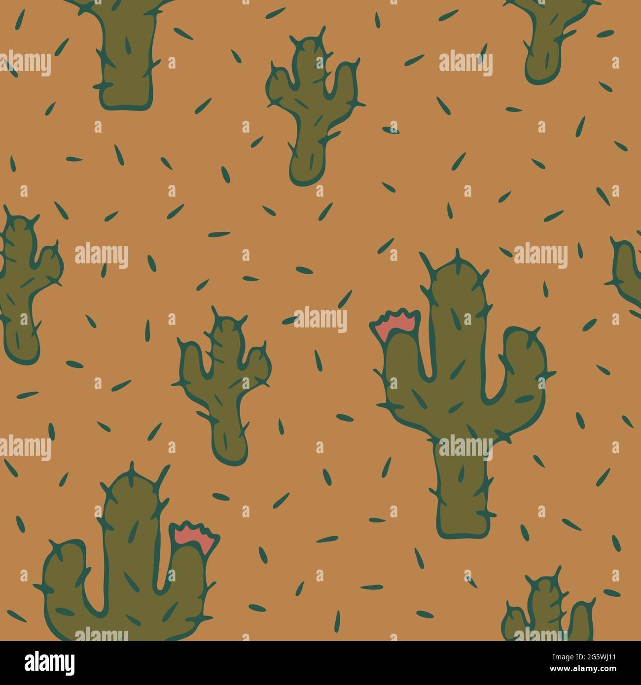 Seamless Vector Pattern With Cactus On Light Brown Background