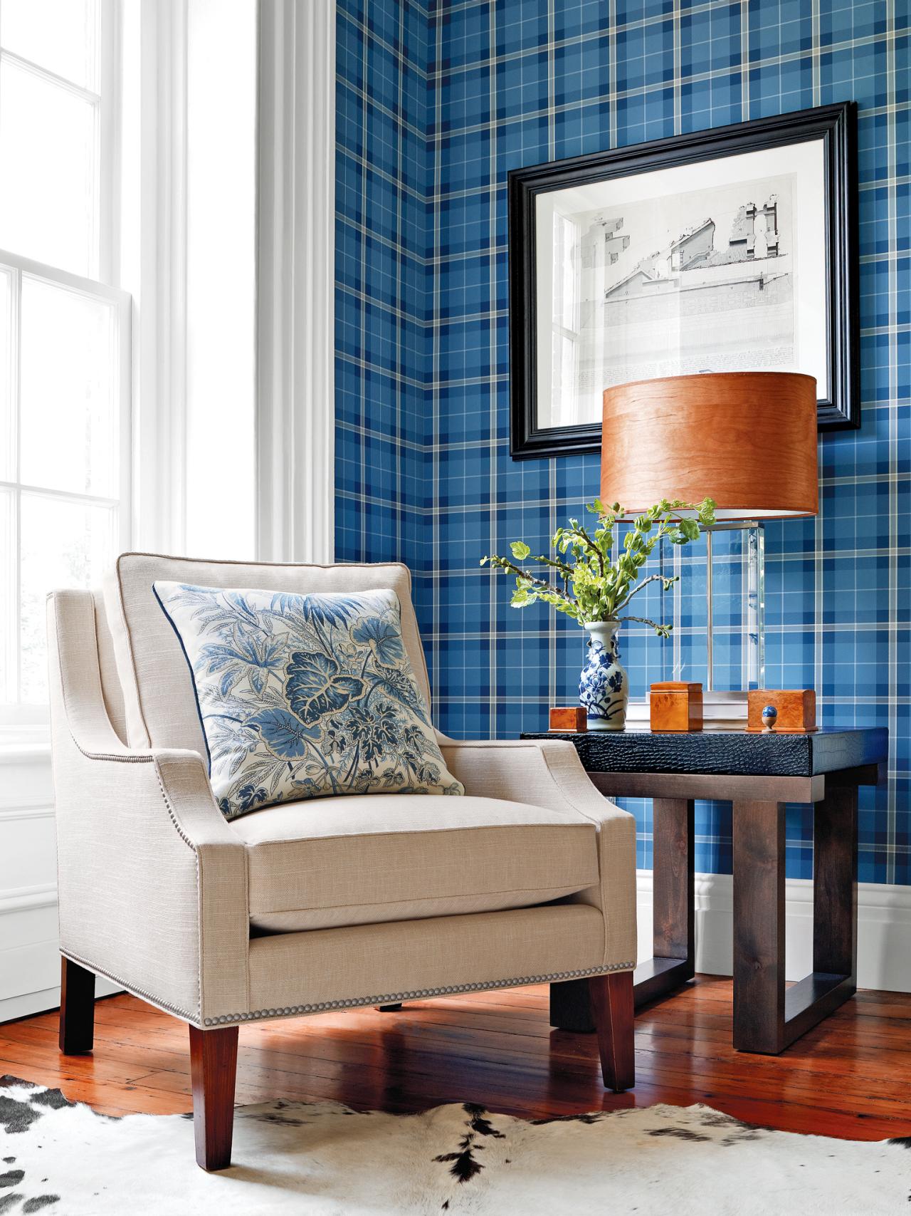 Blue Plaid Wallpaper in a Traditional Room HGTV