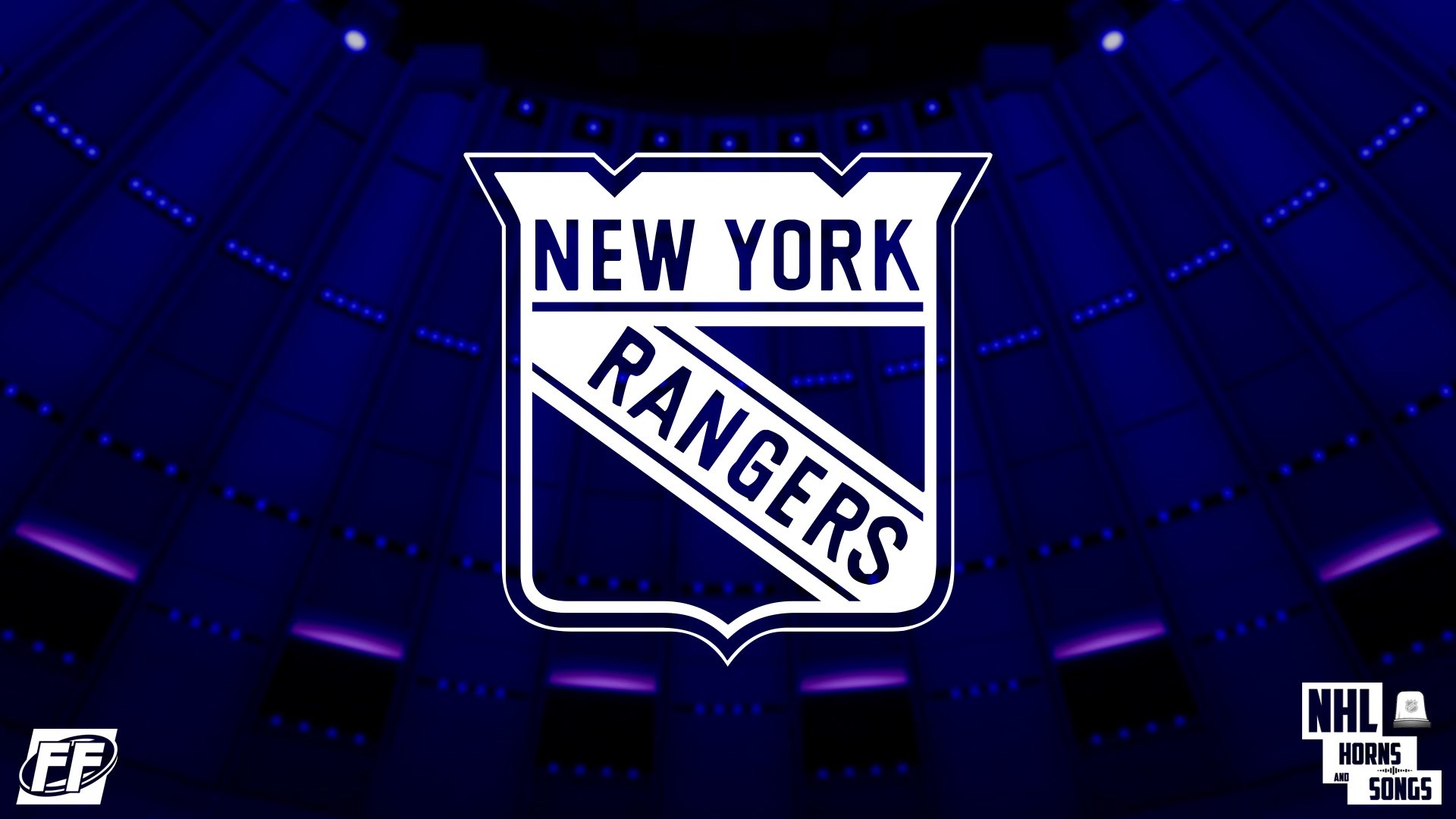 New York Rangers logo against a blurred backdrop of Madison Square Garden