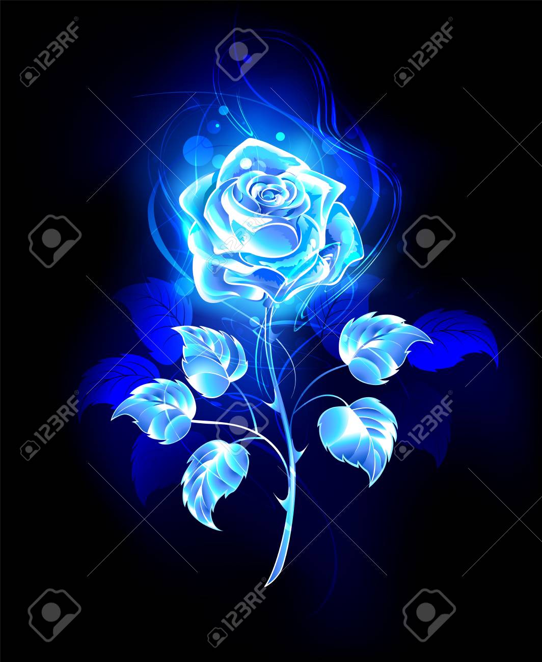 Blooming Abstract Rose From Blue Flame On Black Background