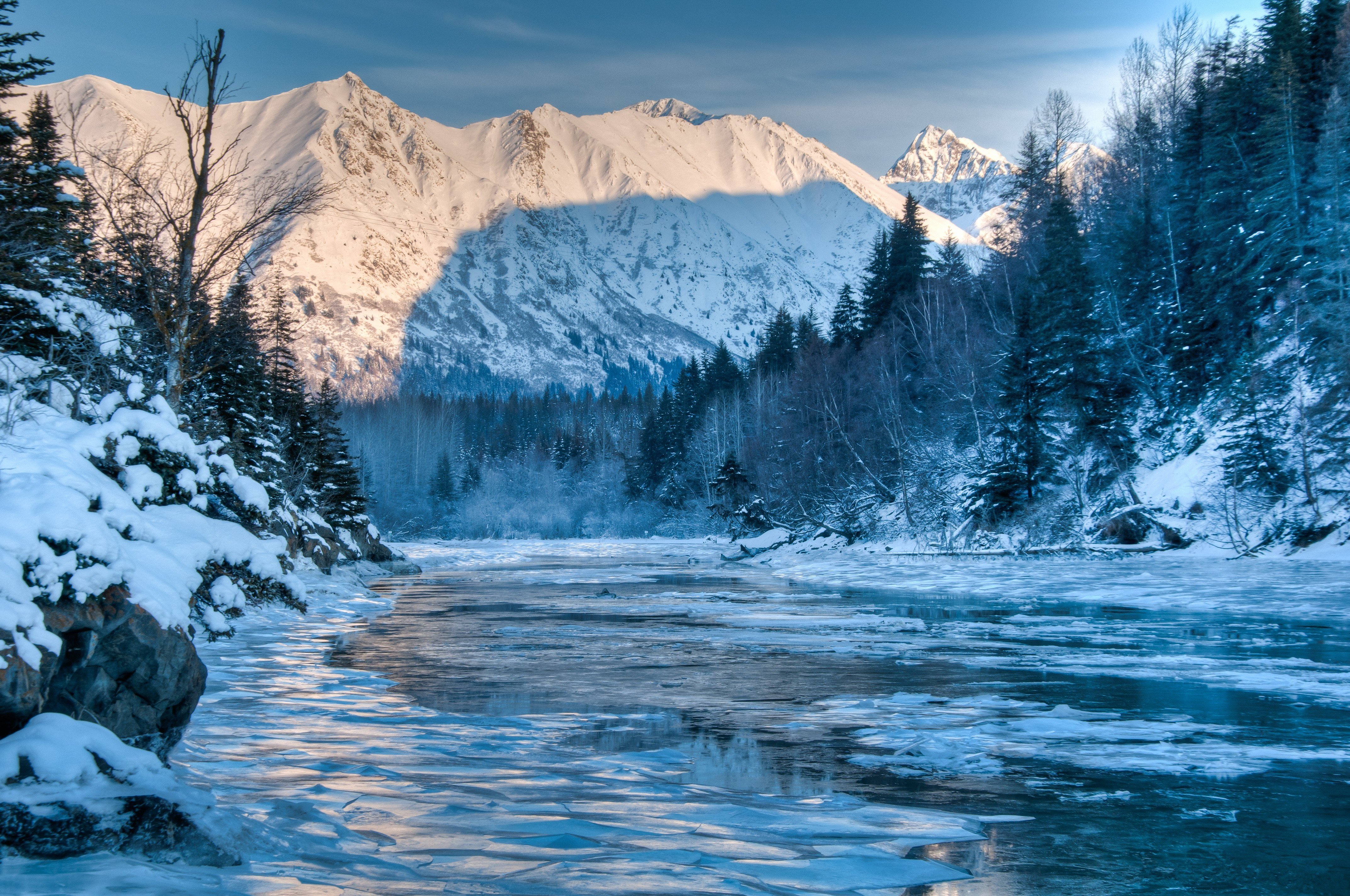 Alaska River Winter Mountain Forest Landscape Wallpaper Background