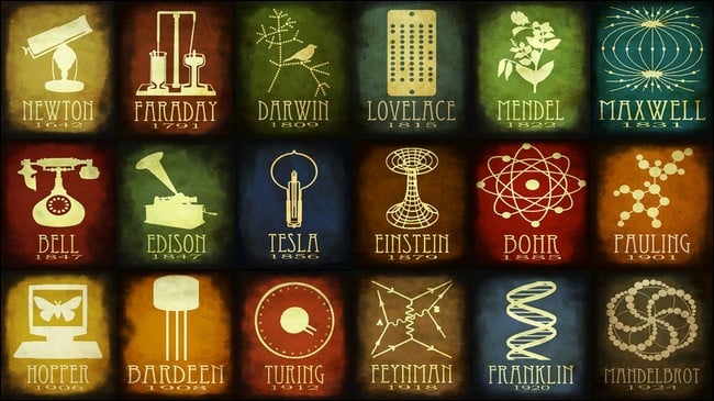 This understated desktop wallpaper showcases notable names in science