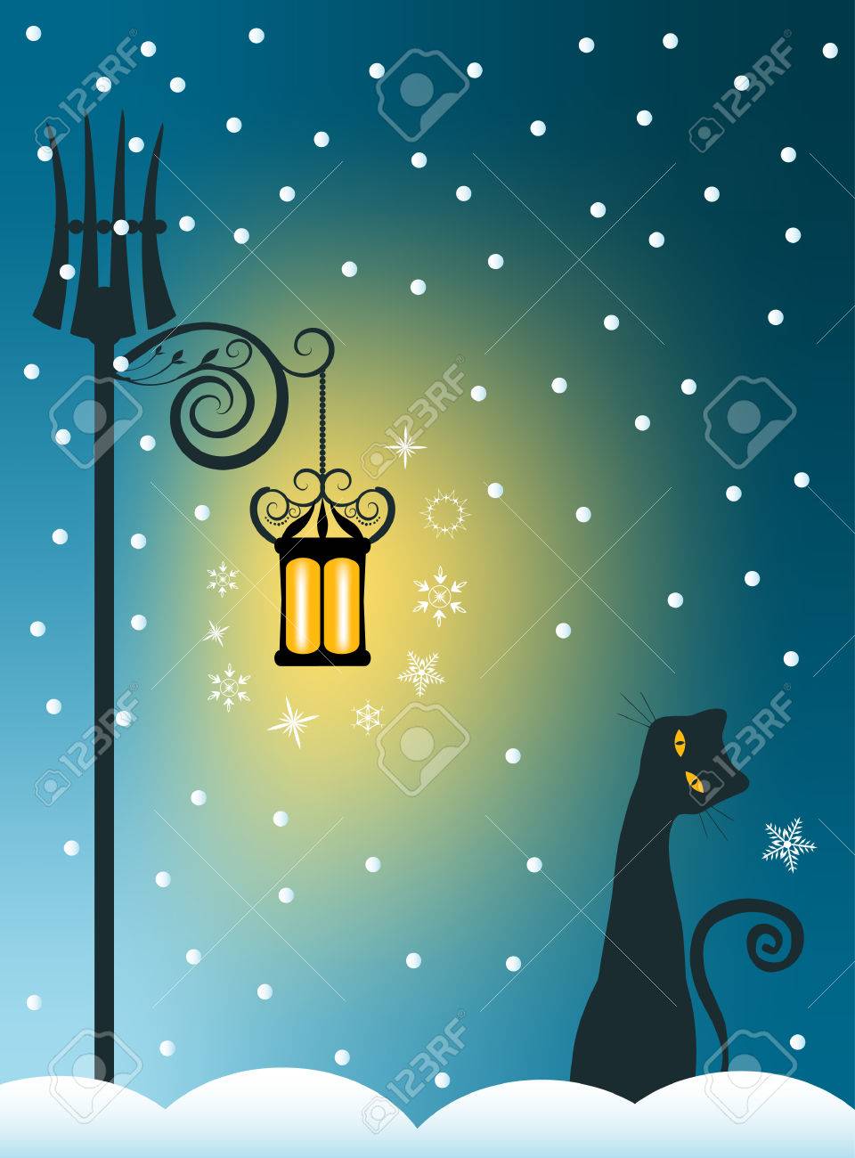 Whimsical Cat On Snowy Winter Background Royalty Cliparts