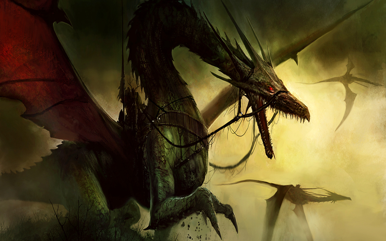 A fearsome, dark green dragon with red-tipped wings dominates the scene, mouth agape and spikes protruding from its head and back. Smaller, silhouetted dragon-like creatures fly in the hazy background, adding to the sense of a dragon's lair or world