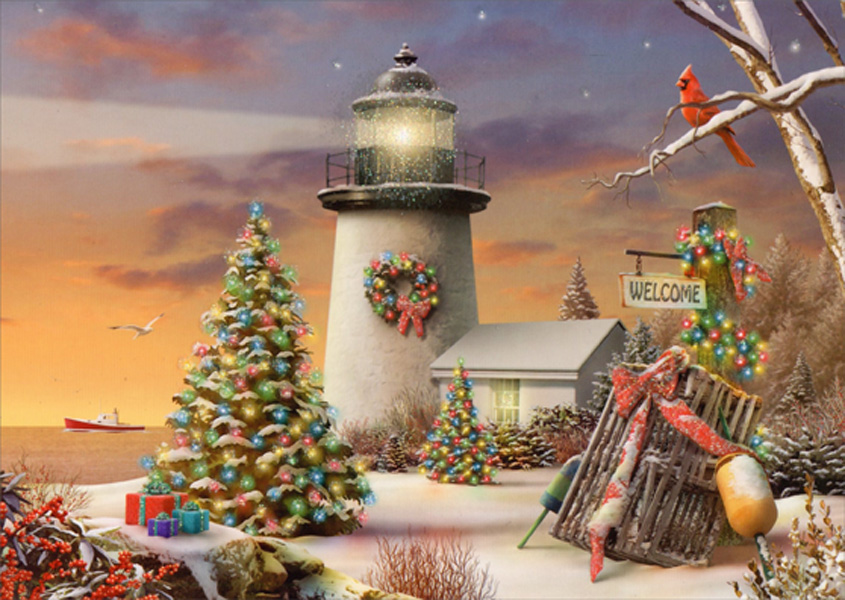 Winter Lighthouse Decorated Evergreen Trees And Cardinal Box Of