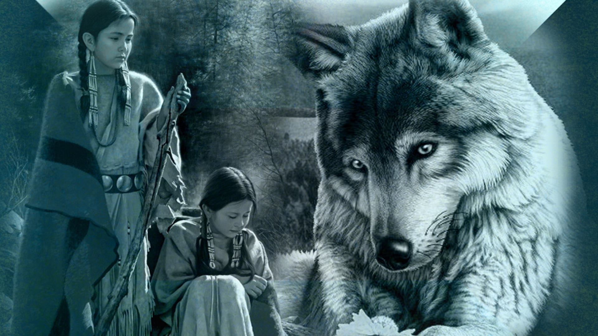 Wolf With Native Women Wallpaper