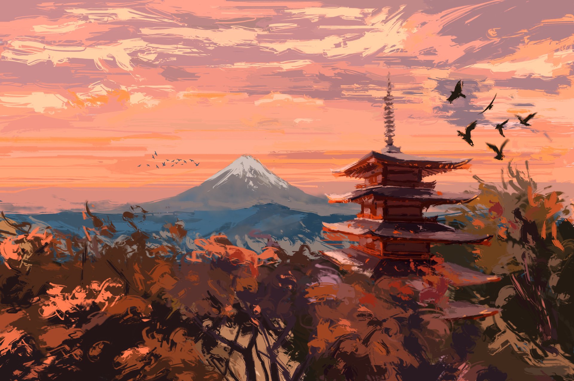 Mount Fuji Japan Landscape Anime Shrine HD Wallpaper