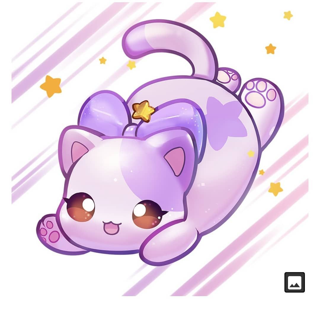 A cute, cartoon-style purple cat with a bow on its head floats against a background of stars and stripes