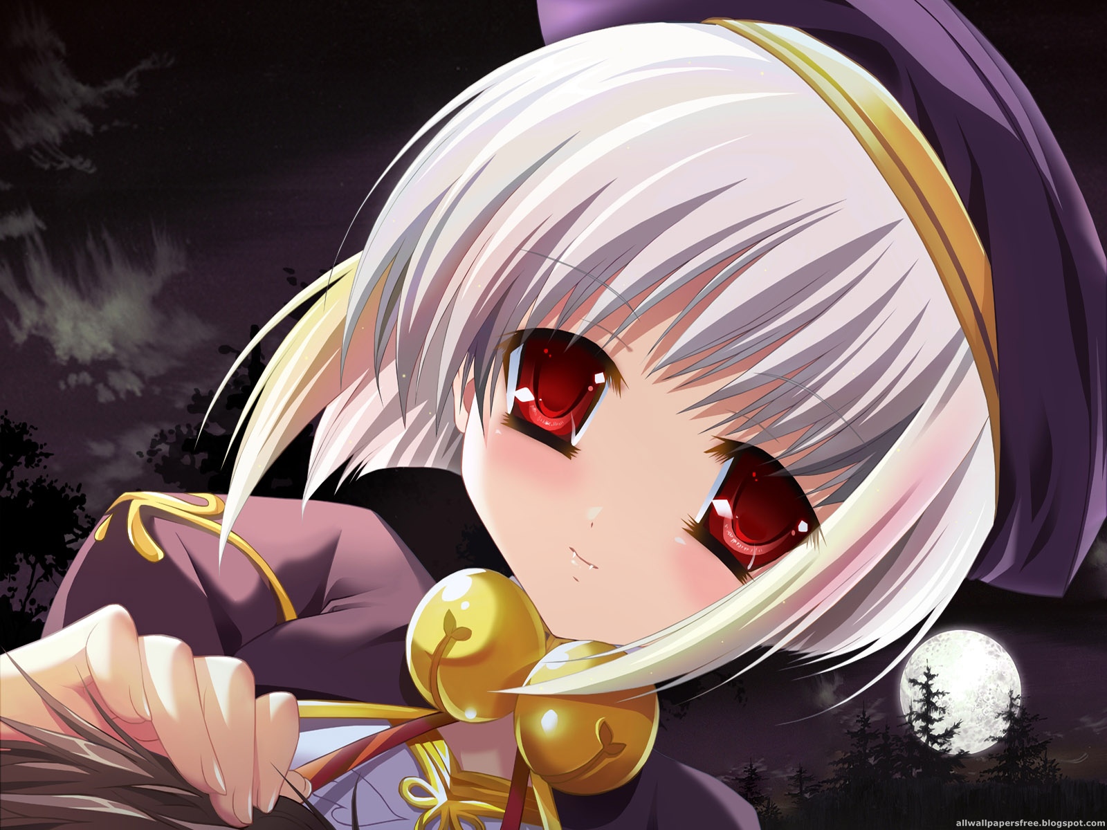 A cute anime girl with white hair, red eyes, and a purple hat, set against a night background with a full moon