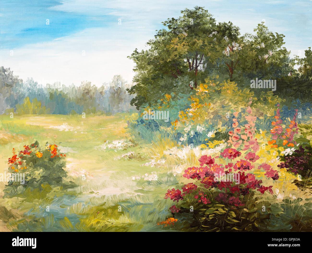Oil Painting Field With Flowers And Forest Summer Day