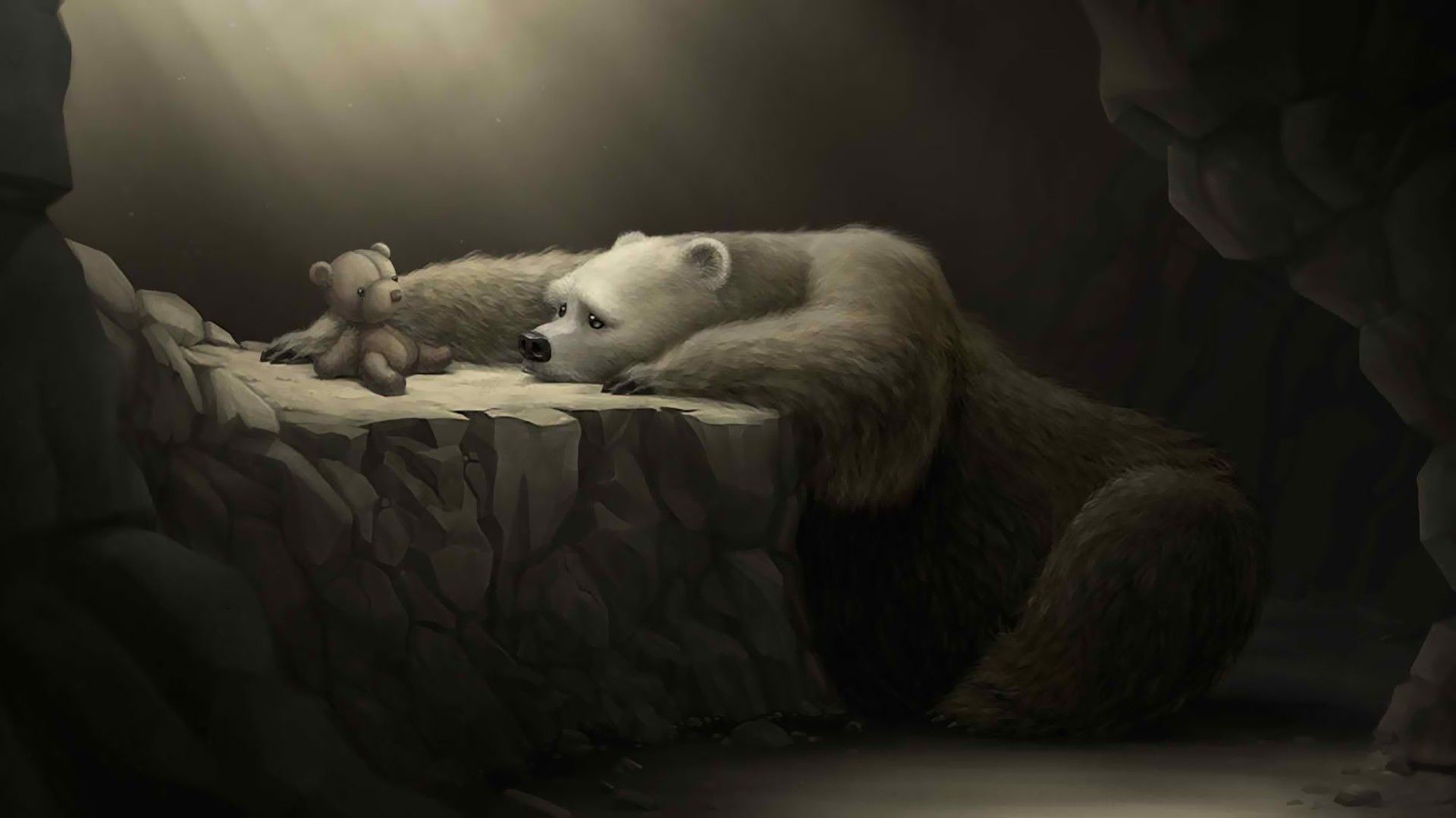 A sad polar bear rests its head on a rock, a worn teddy bear beside it, in a dimly lit cave. This evokes feelings of loneliness, loss, and despair