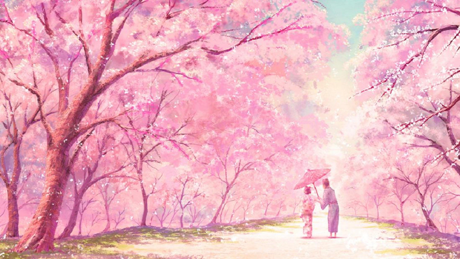Anime Pink Tree Couple Kimono Wallpaper