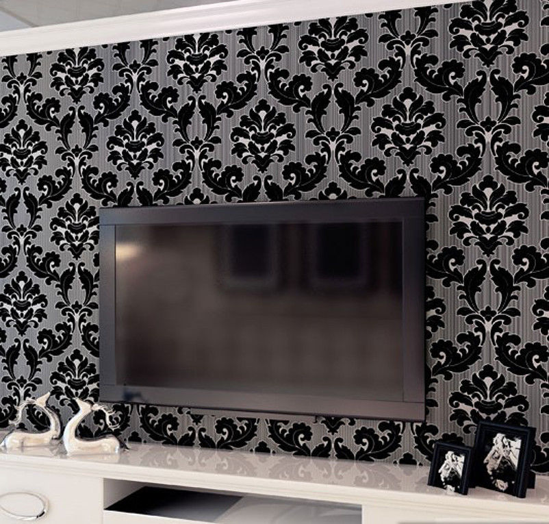 Velvet Flocking Romantic Black Silver Damask Wallpaper 10m Roll