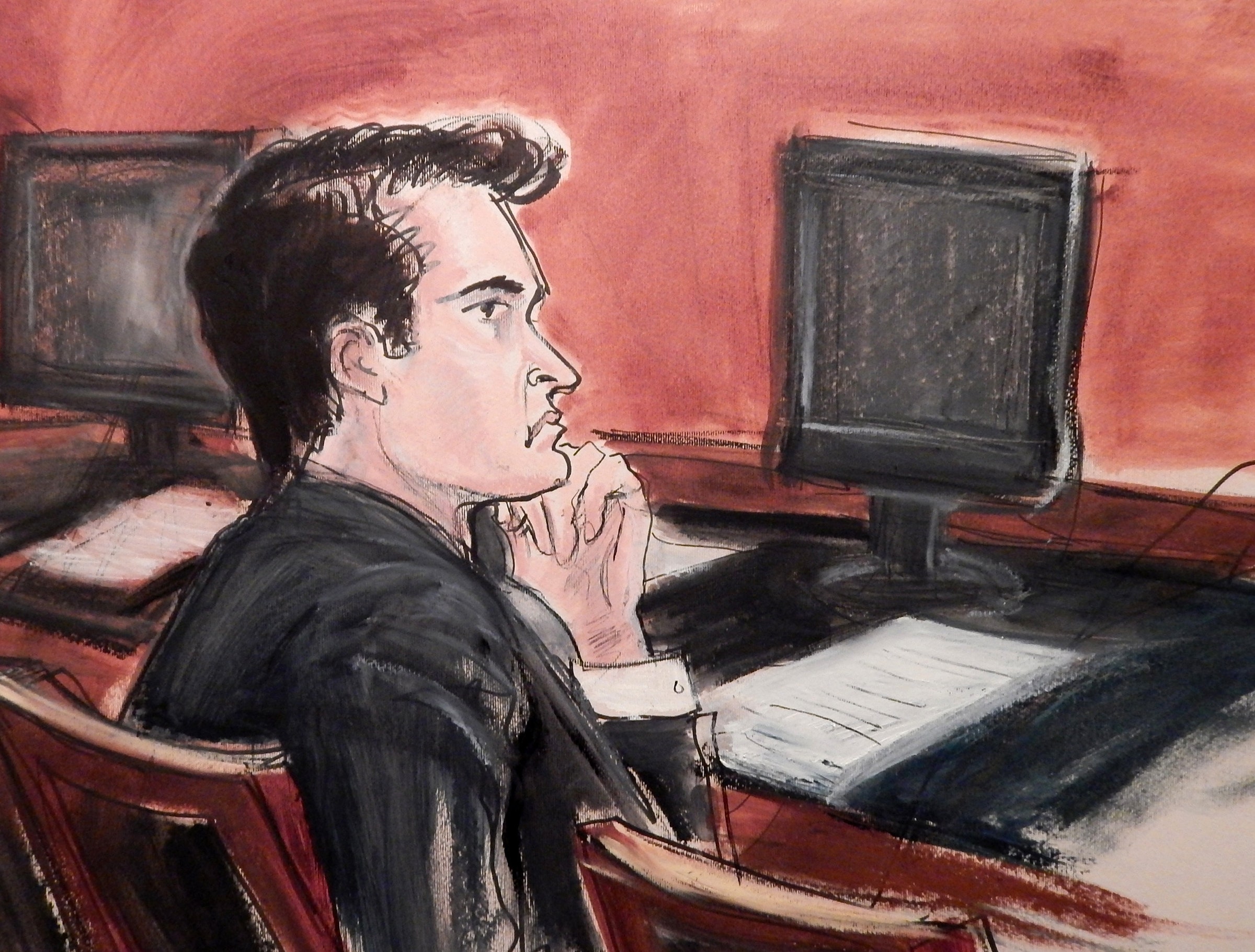 Courtroom sketch of Ross Ulbricht, the founder of the Silk Road darknet market, seemingly contemplating during his trial