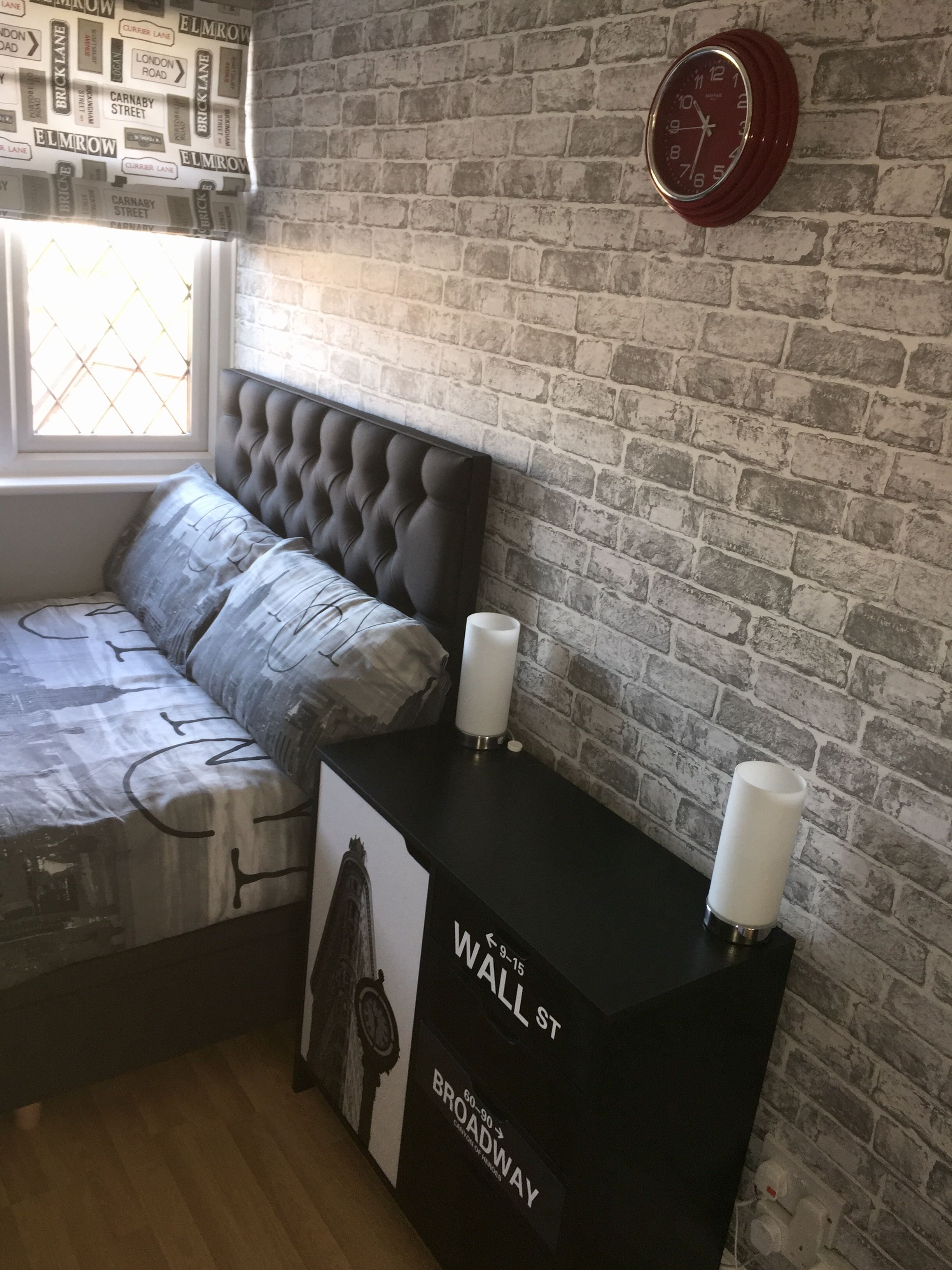 Teen Boys Bedroom Grey Brick Wallpaper Nightstand HD