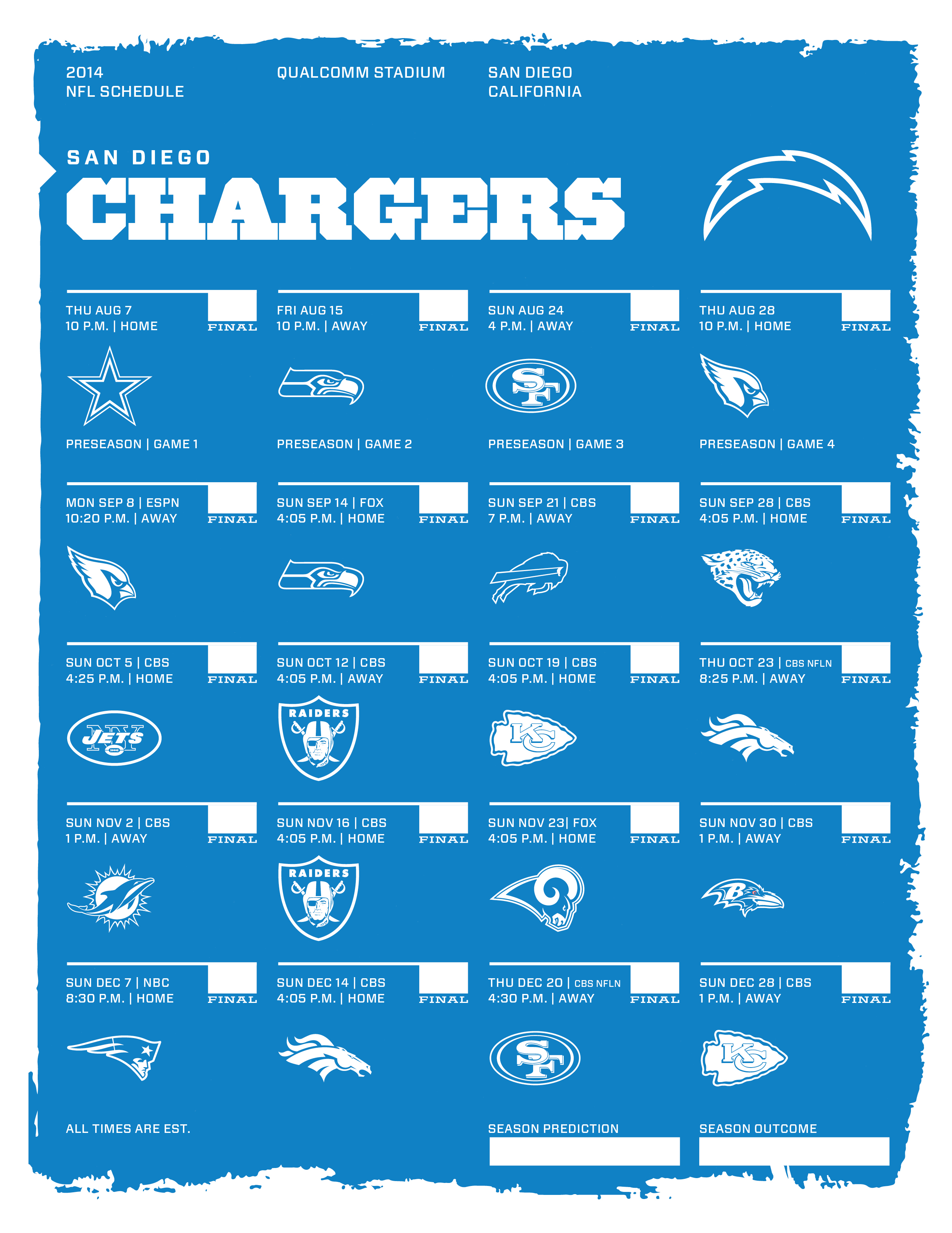 San Diego Chargers 2014 NFL Schedule My Teams Pinterest