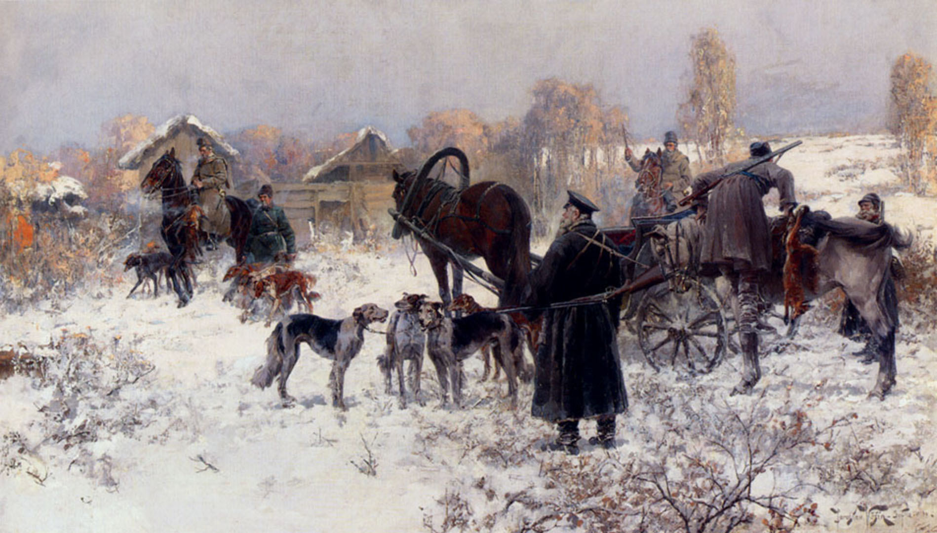 Dogs Horses And Carts In The Snow Russian Art Wallpaper Image