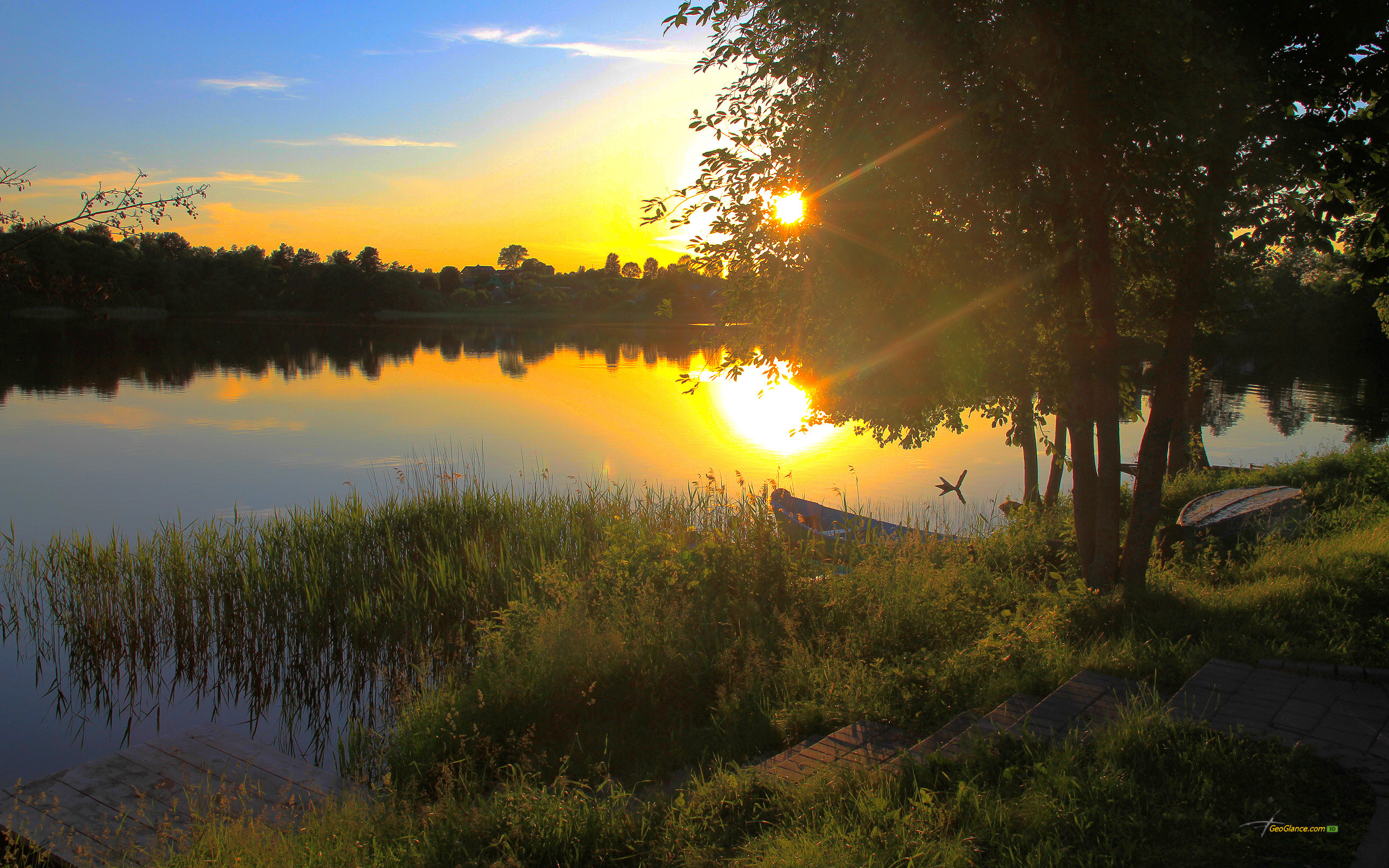 Boat Summer Sunset Lake Quiet Pond Evening Wallpaper
