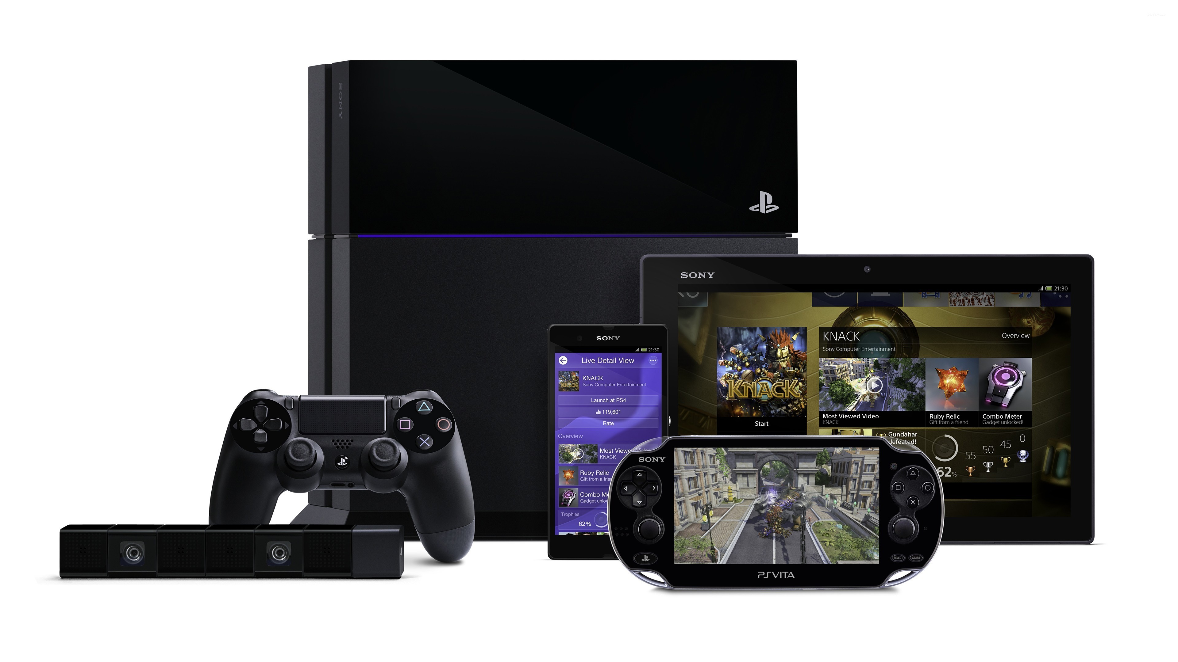 Sony PlayStation 4 console, DualShock 4 controller, PlayStation Camera, PlayStation Vita handheld console, Xperia smartphone, and Xperia Tablet with PlayStation app interface
