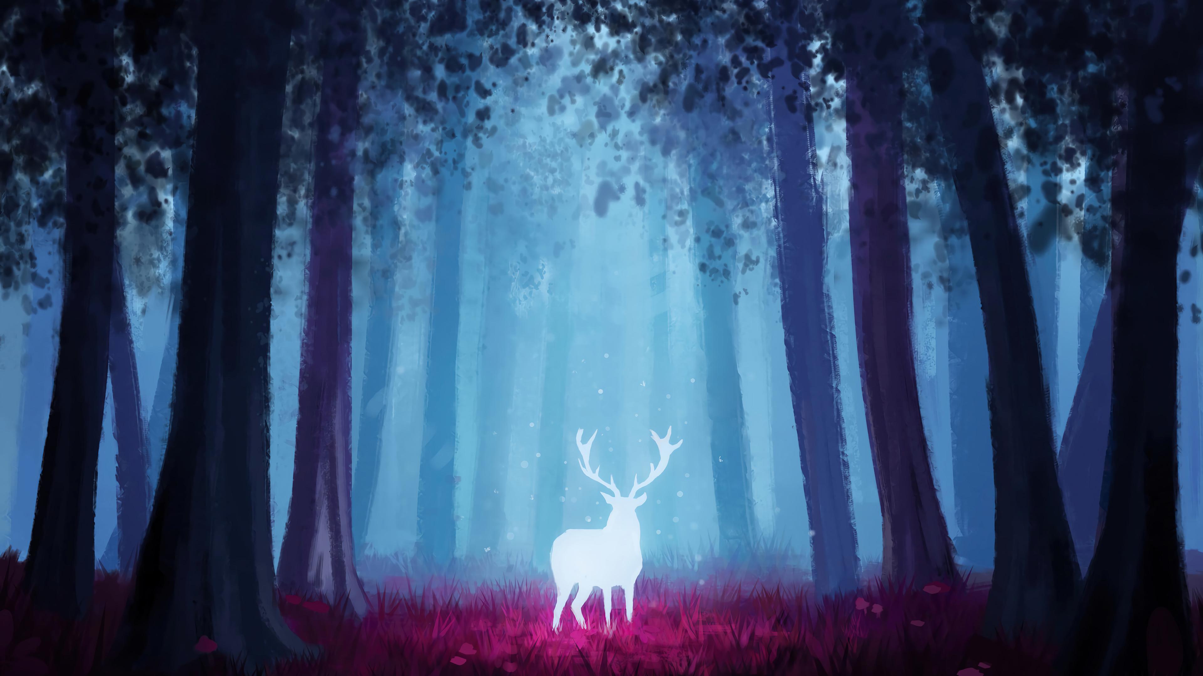 Deer Fantasy Forest Scenery Art HD 4k Wallpaper