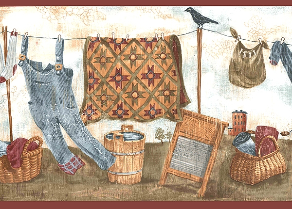 Country Laundry Wallpaper Border WT1046B room clothesline 600x431