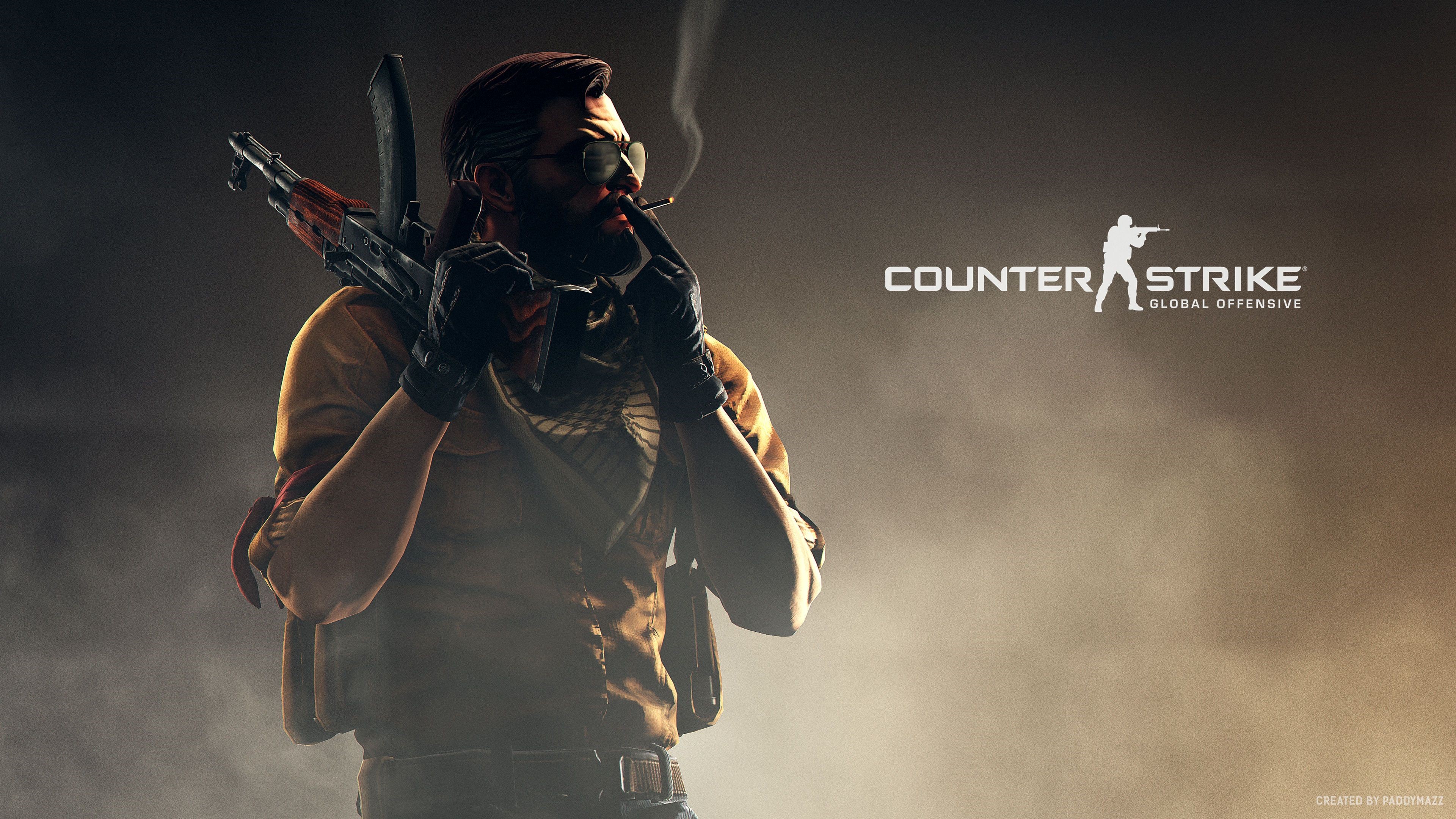 A rugged character from Counter-Strike: Global Offensive, holding an AK-47 and smoking a cigarette, against a smoky backdrop