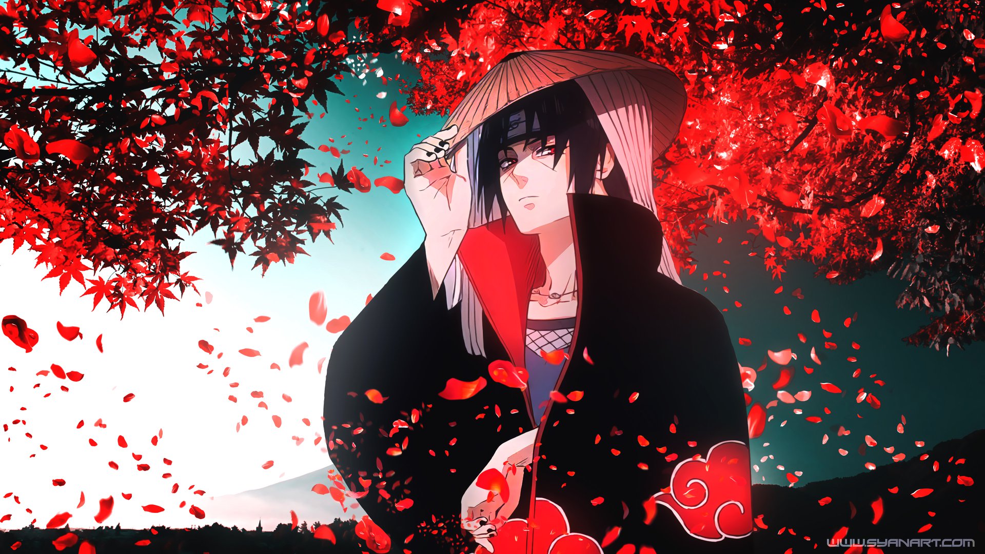 Hãy ngắm Itachi Uchiha trong bộ trang phục Akatsuki với những bông hoa anh đào đỏ nổi bật. Với vẻ ngoài lạnh lùng và đầy bí ẩn, Itachi chắc chắn sẽ làm bạn muốn tìm hiểu sâu hơn về nhân vật của anh ta.