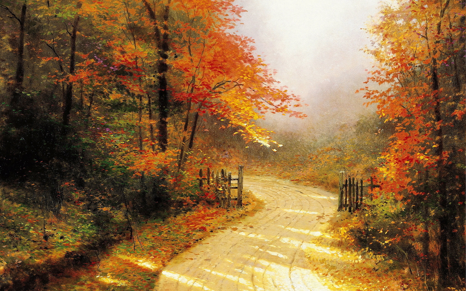 Kinkade Wallpaper Painting Golden Autumn Road Forest