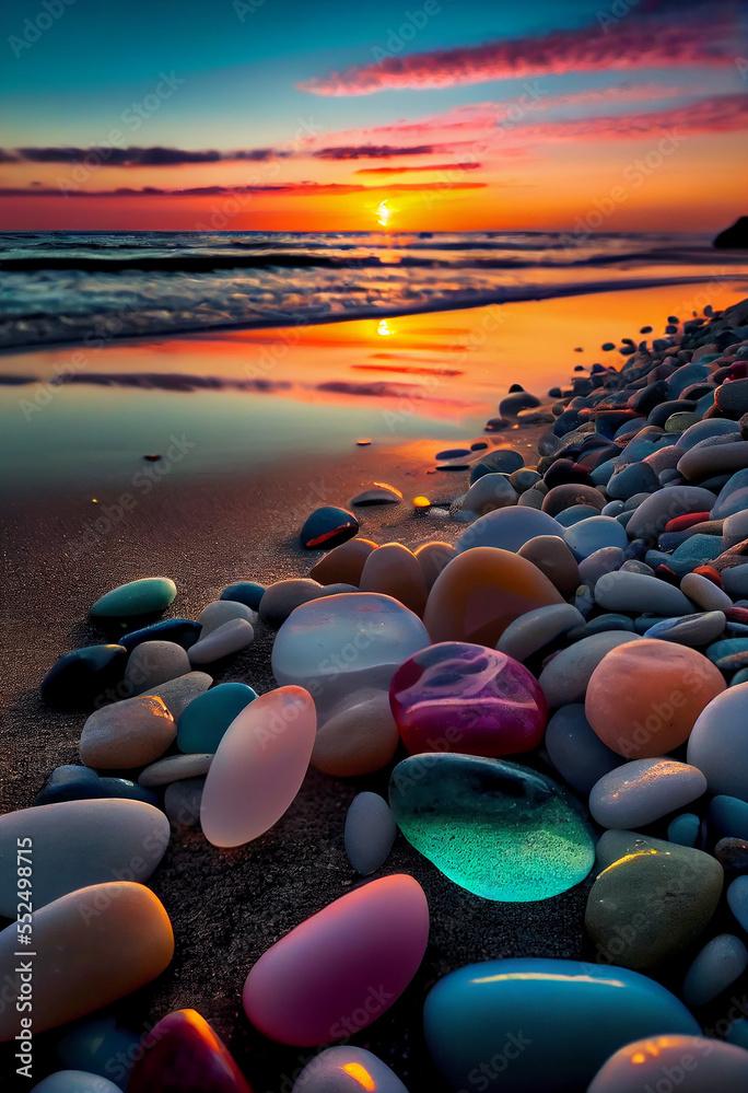 Beautiful Seascape With Transparent Stone At The Beach Sunset