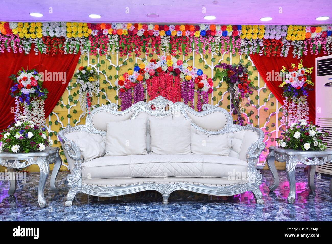 Banquet Hall Stage Decorated With Flowers Marriage Bride And