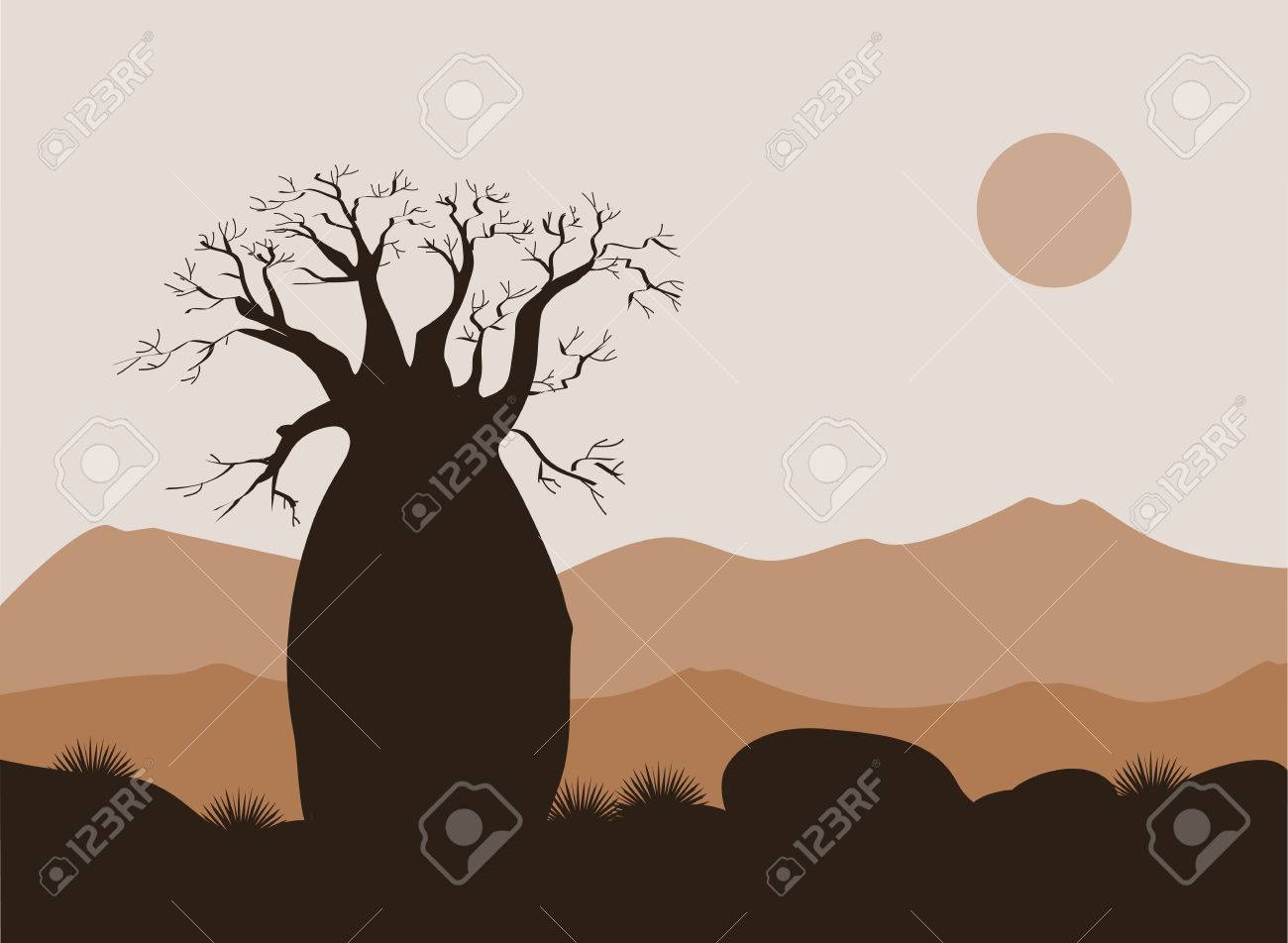 Baobab Tree Landscape With Mountains Background Silhouette