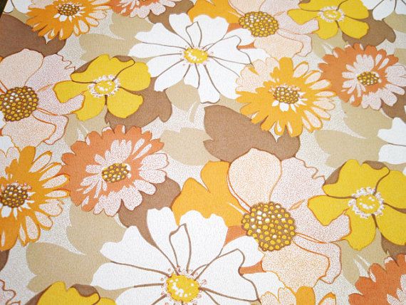 Flower Vintage Wallpaper Orange Yellow White Brown Retro Design