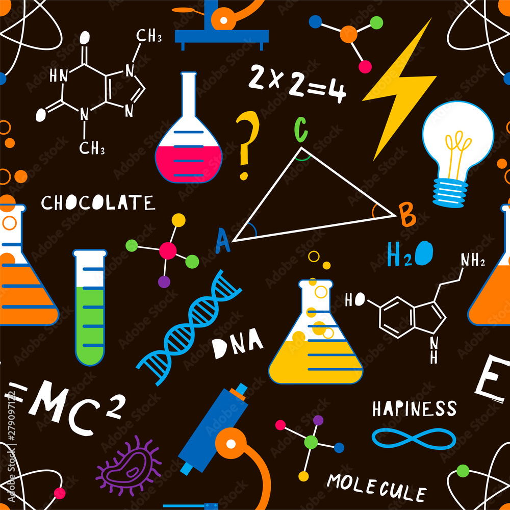 Science lesson flat vector seamless pattern Chemistry Biology