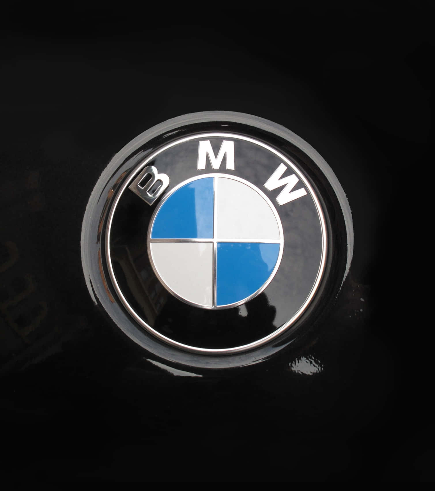 Close-up of a BMW logo on a black car, showcasing the iconic blue and white roundel