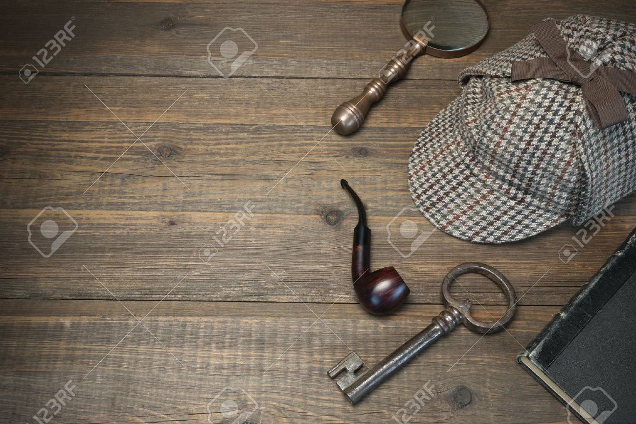 Sherlock Holmes Concept Private Detective Tools On The Wood