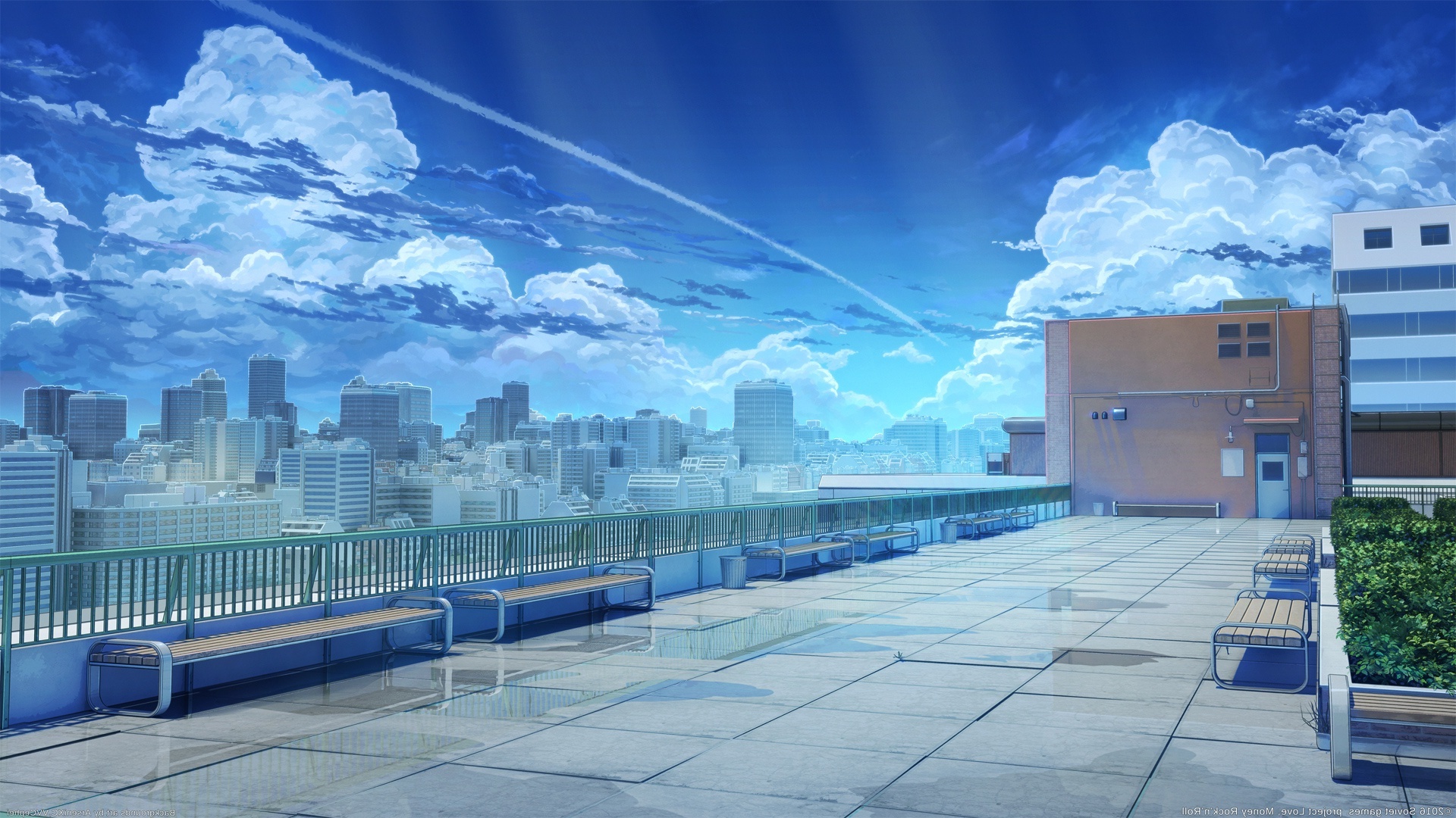 Wallpaper Anime Scenery Buildings Sky Rooftop Cityscape