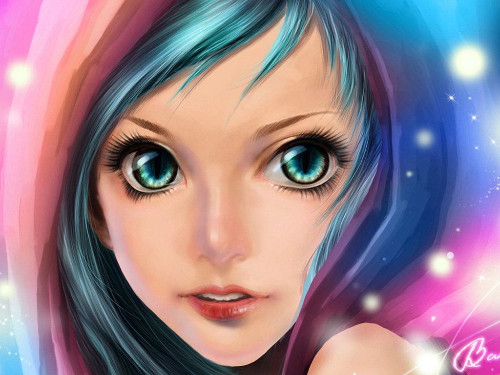Close-up of a cute cartoon girl with vibrant teal hair, large expressive green eyes, and a subtle smile. The background is a dreamy blend of pink and blue hues with sparkling light effects