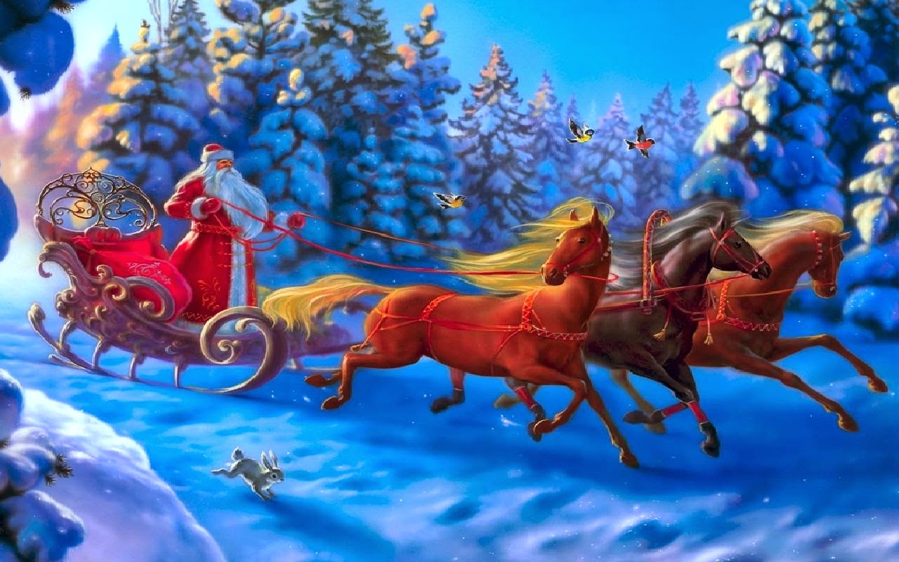 Santa Claus Ing To Town Riding His Reindeer Sleigh Flying In